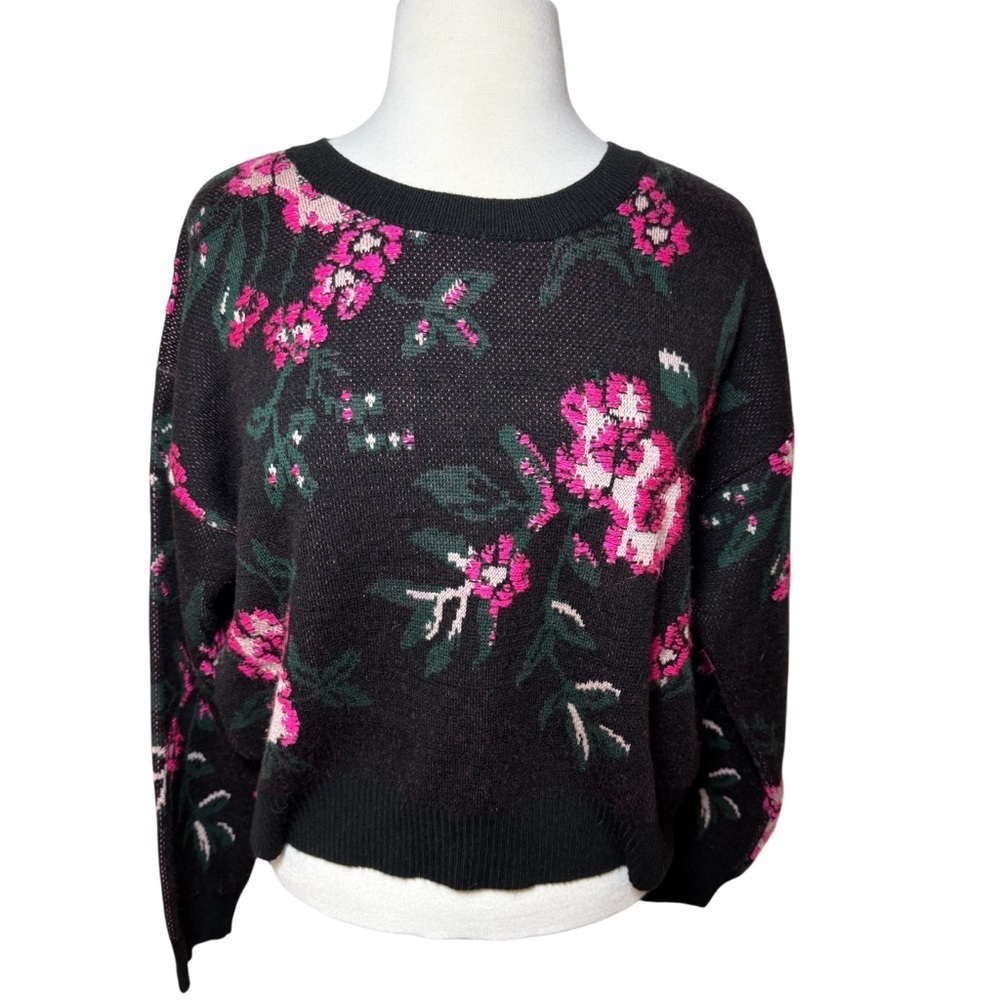 Maeve by Anthropologie Black with Pink Floral Knit Sweater-Size M
